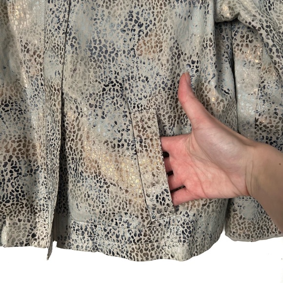 SC Collection Beige Gold Blue Linen Animal Print Jacket Metallic Zipper Size 14 - Picture 7 of 10